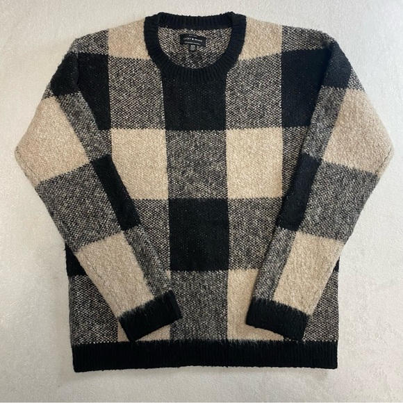Lucky Brand Tan Plaid Buffalo Check Fuzzy Wool Blend Long Sleeve Sweater Size M - Picture 1 of 8